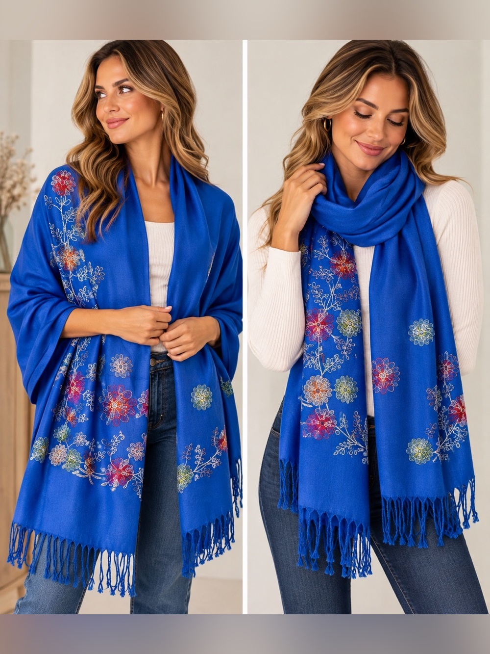 Floral Embroidered Scarf in Blue NWT
